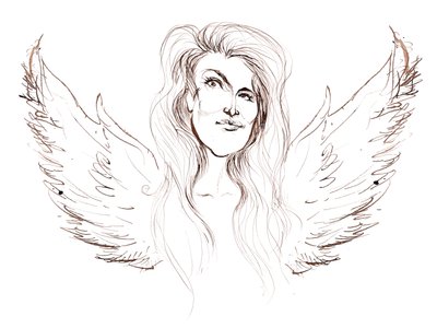 Angela Carter, engelsk forfatter og journalist; karikeret med vinger med henvisning til hendes roman Nights at the Circus (1984) af Neale Osborne